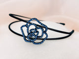 Double Body Twill Black Metal Side Rose Crystal Headband - in 2 colors