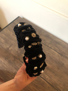 Retro Noble Headband - 2" Thick Hand Jeweled Black Velvet Headband
